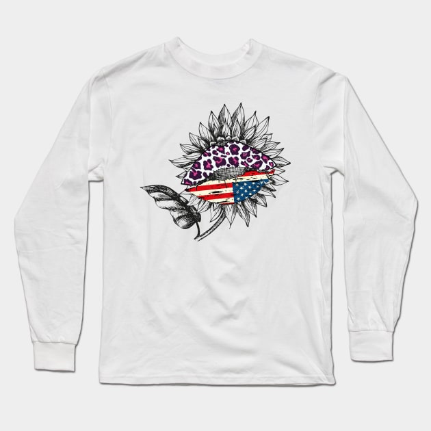 Cute Sunflower 4th of July Gift - Leopard American Flag Sunflower Holiday Gift Long Sleeve T-Shirt by WassilArt